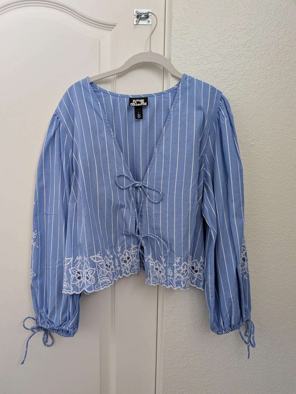 NWOT - Blue Striped Tie-Front Blouse by Future Collective (Size Large)